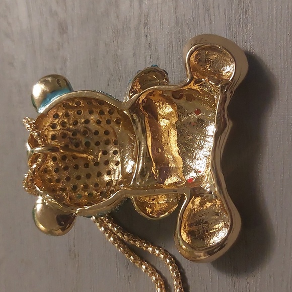 Betsey Johnson Gold Toned Blue Rhinestone Teddy Bear Red Heart Pendant Necklace - Picture 10 of 17